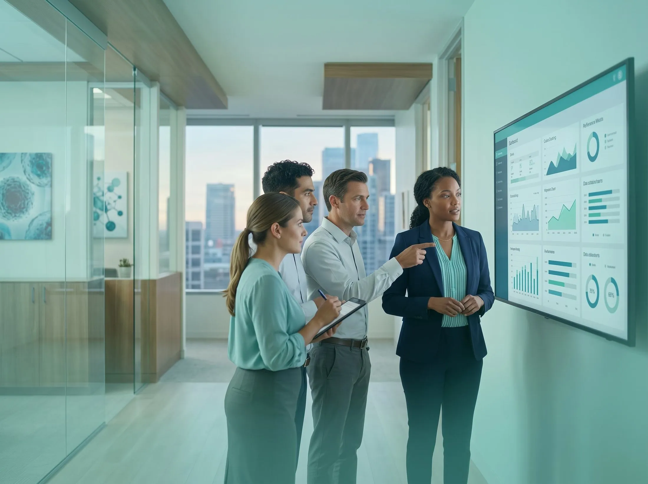 Team discussing performance charts on a wall screen