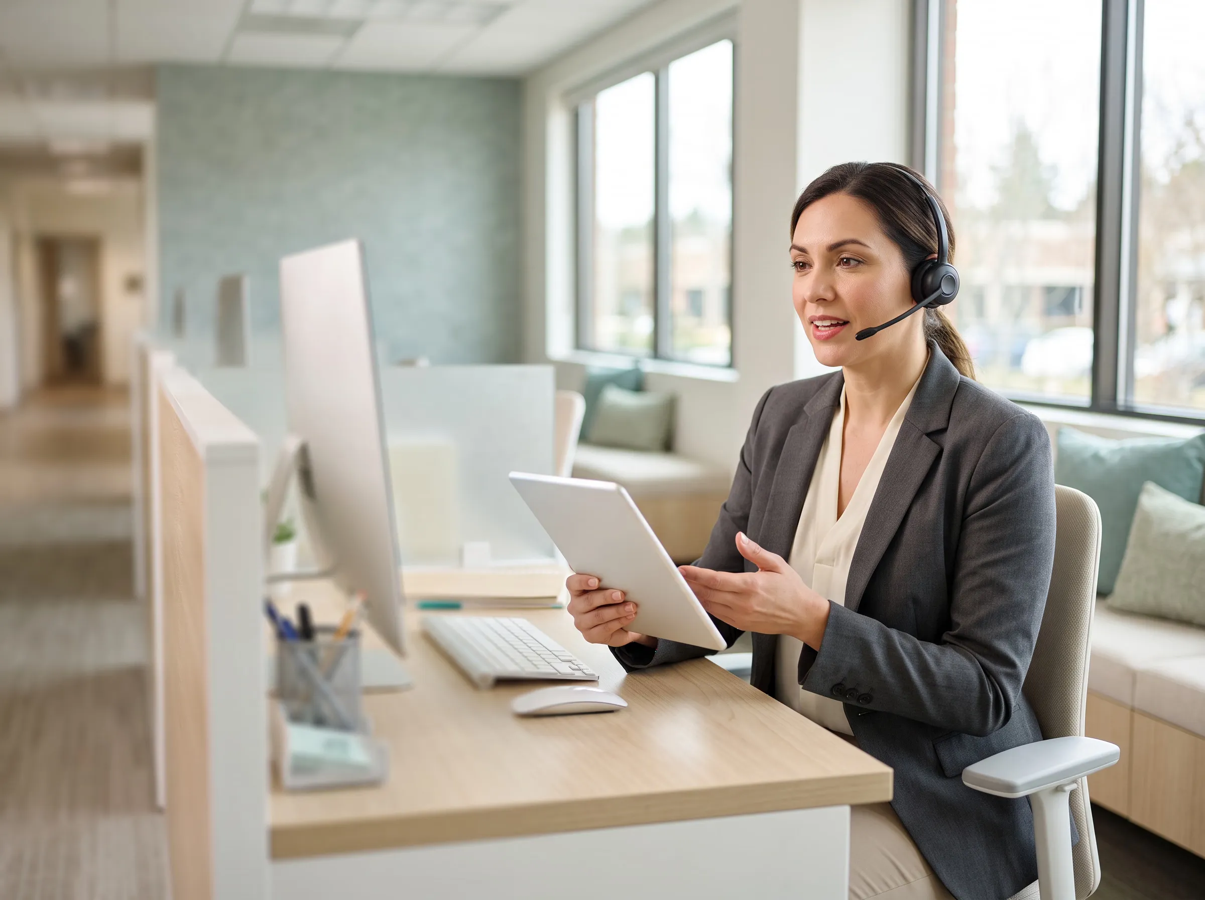 Apex RCM support specialist on a headset at her workstation