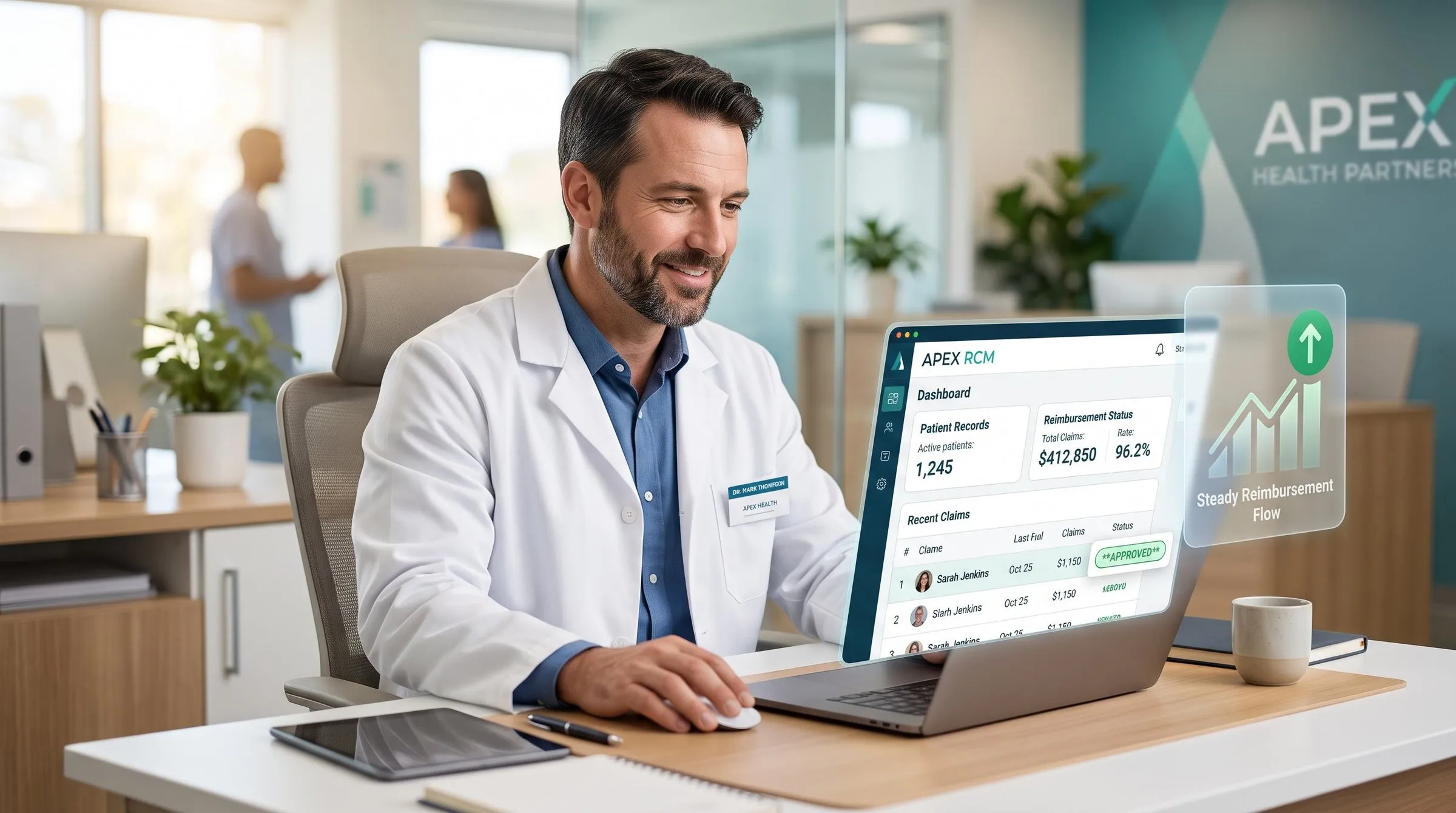 Physician reviewing reimbursement status on a laptop dashboard