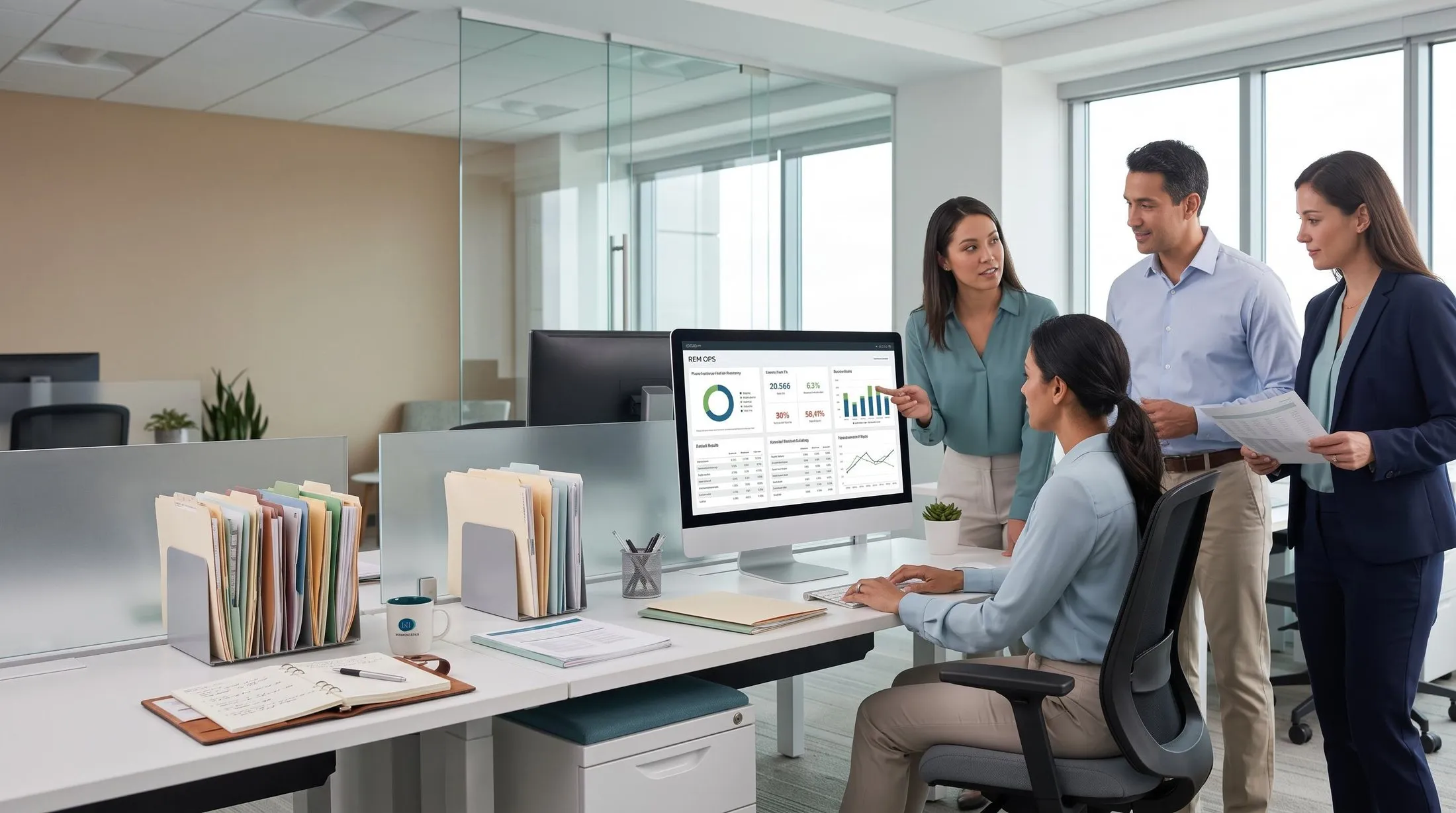 Practice team discussing results on a monitor