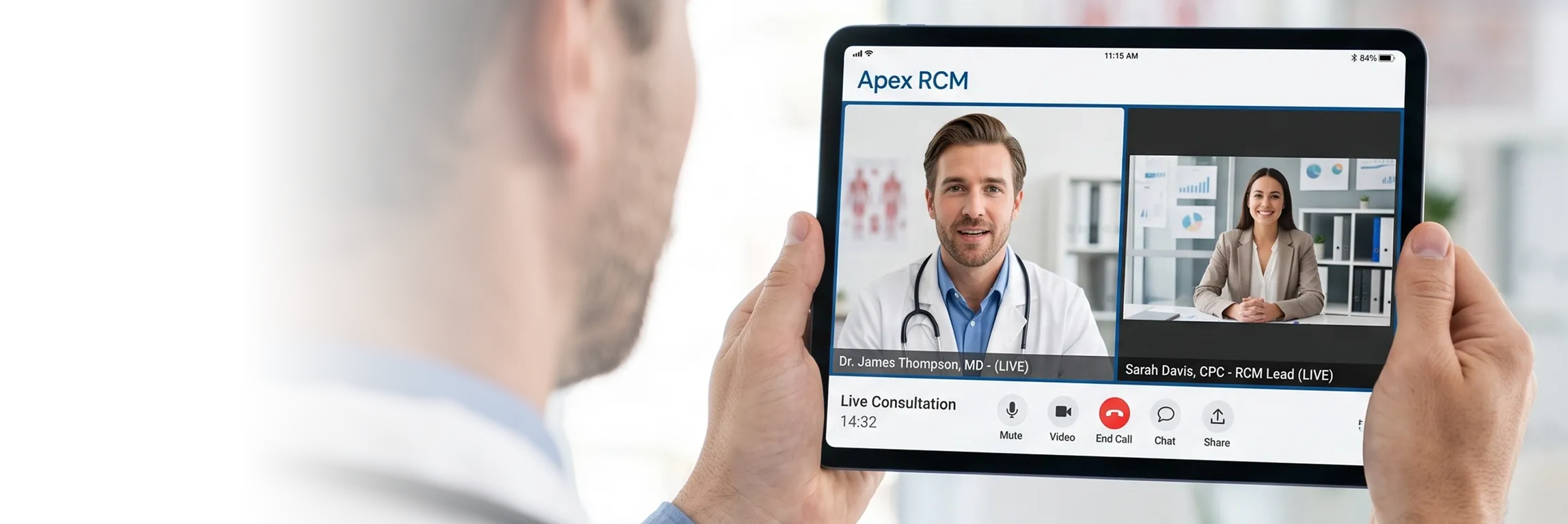 Live video consultation between a physician and an RCM lead on a tablet