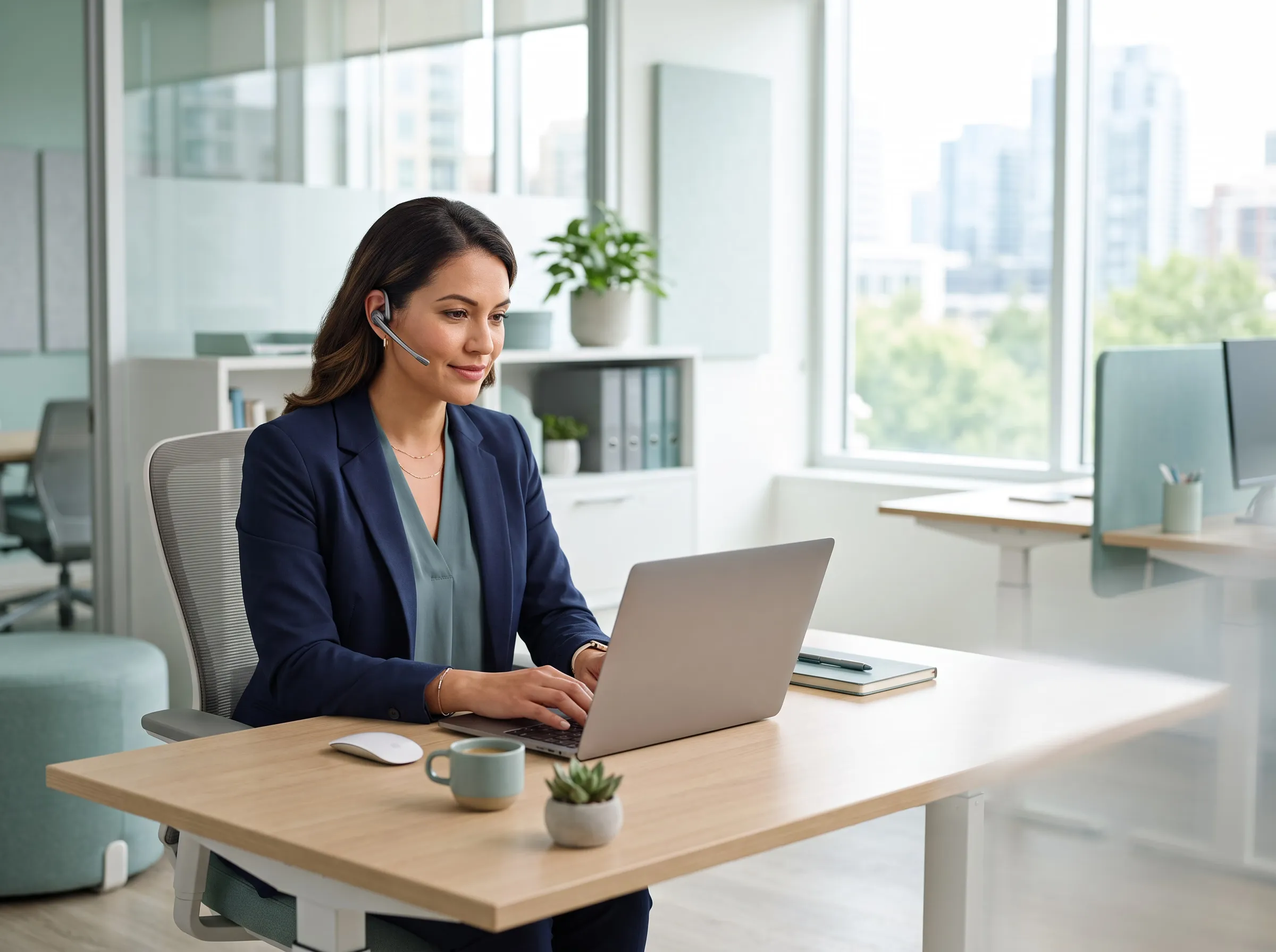 Apex RCM support specialist on a headset at her workstation