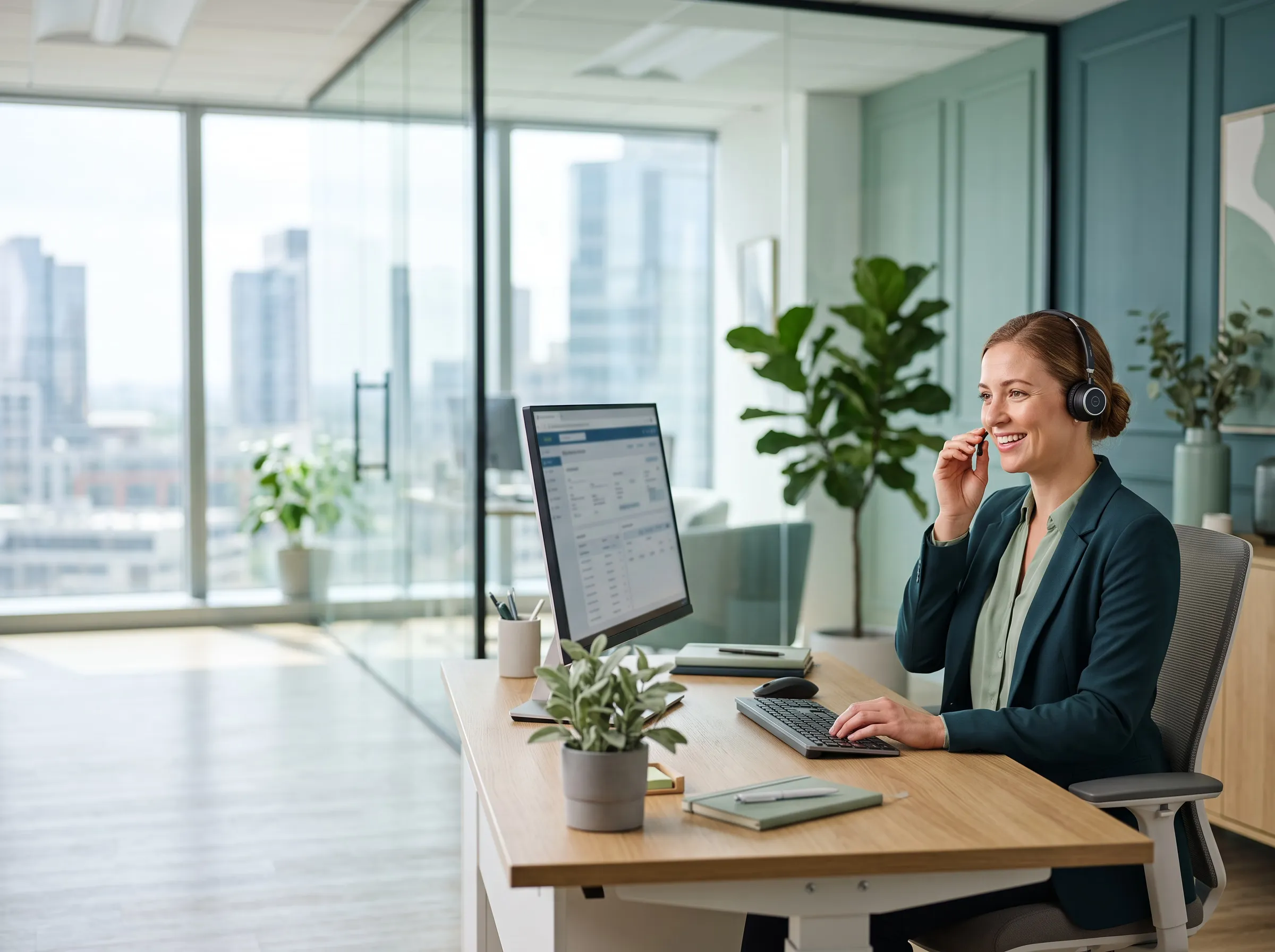 Apex RCM support specialist on a headset at her workstation