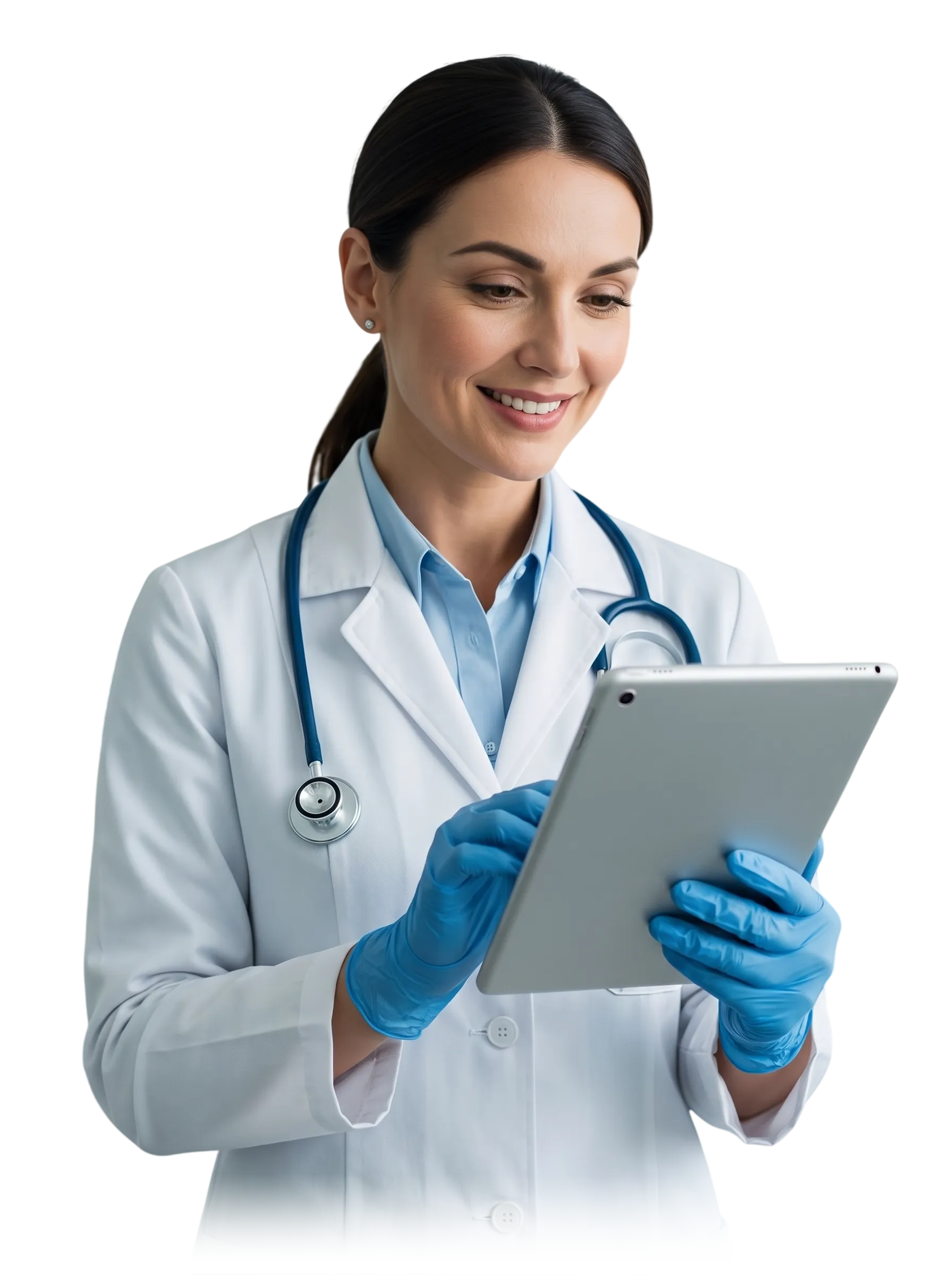 Smiling doctor reviewing billing data on a tablet
