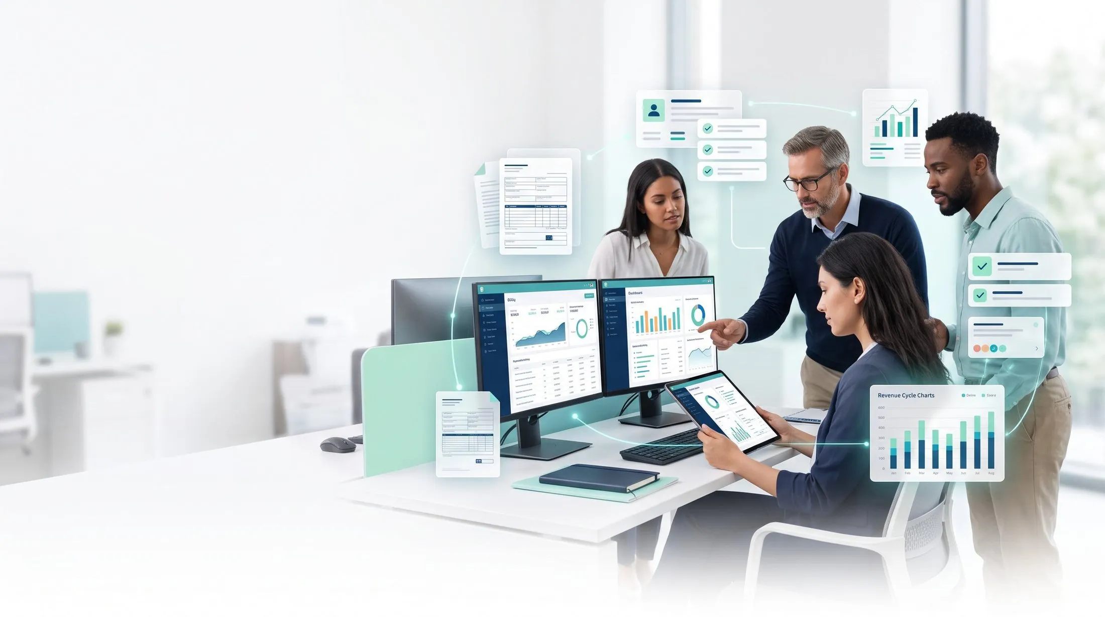 Revenue cycle team reviewing dashboards