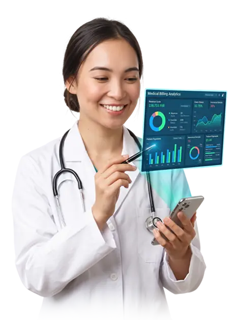 Smiling doctor reviewing billing data on a tablet