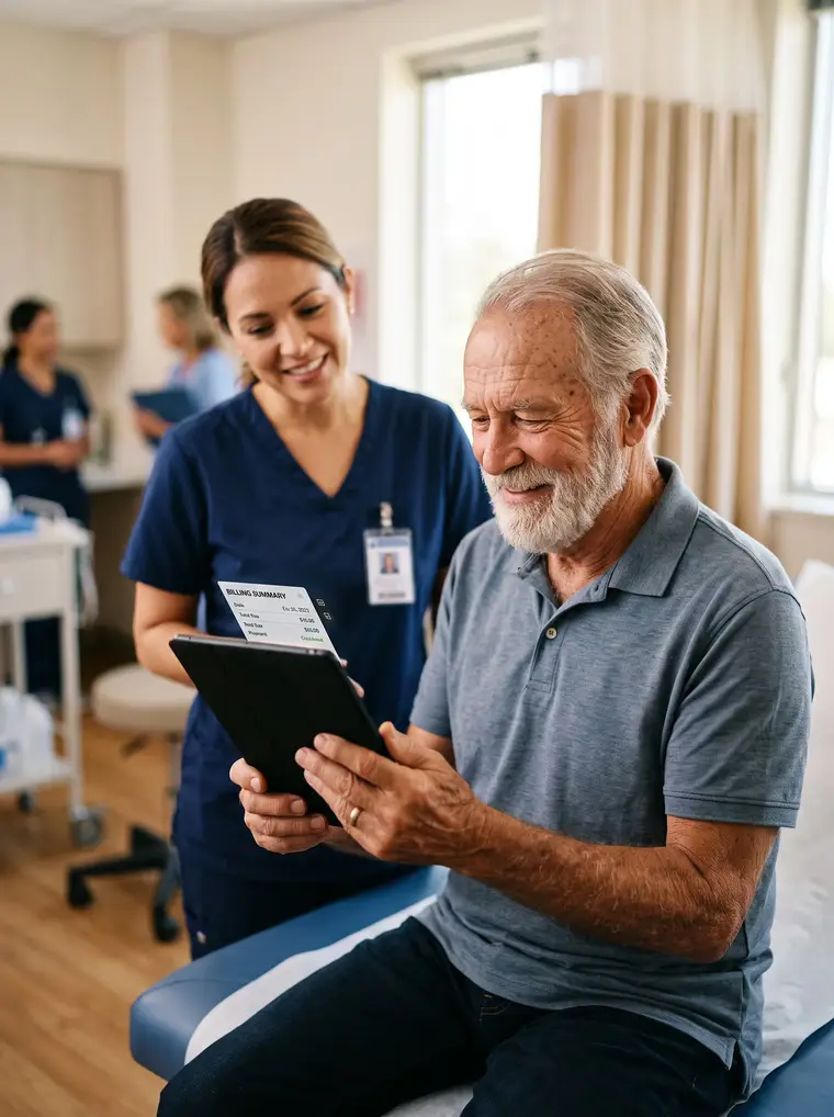 Nurse reviewing results on a tablet with an elderly patient