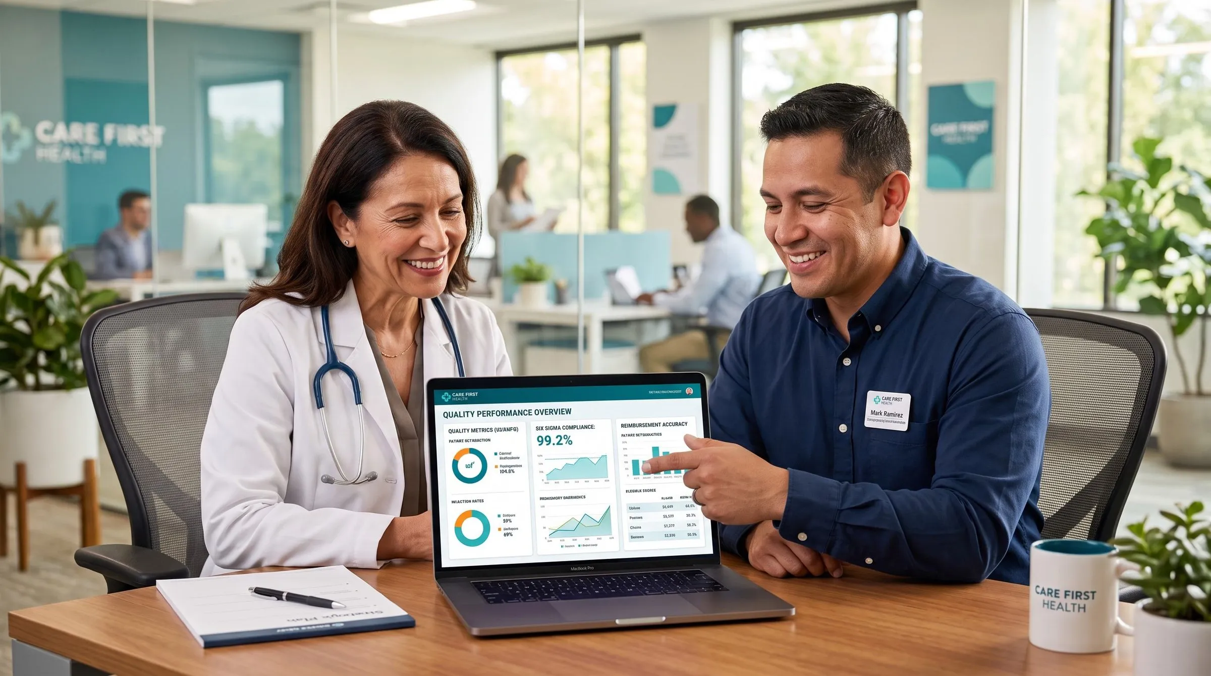 Physician and quality lead reviewing a quality performance dashboard